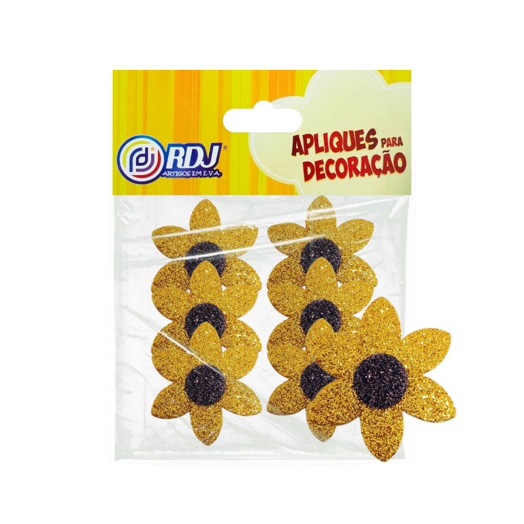 Aplique Flores Glitter Ouro 6cm